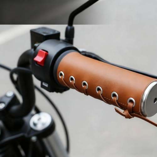 Vintage Leather Handlebar Grips, Brown Lace-Up Motorcycle & Bicycle Grips,