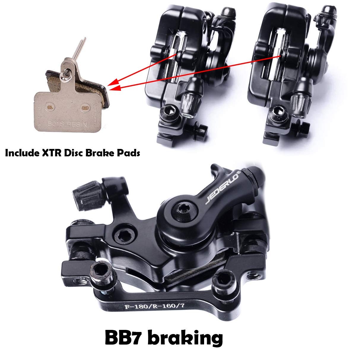 Bike Disc Brake Kit 160mm Front and Rear Caliper Tool-Free Pad Adjuster Black