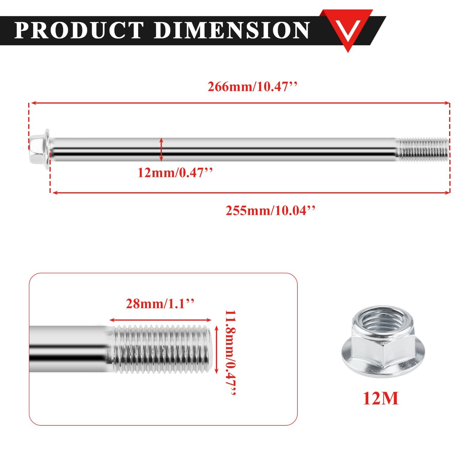 12mm Rear Axle Spindle 255mm Nut for 50cc 70cc 90cc 110cc 125cc Pit Dirt Bike