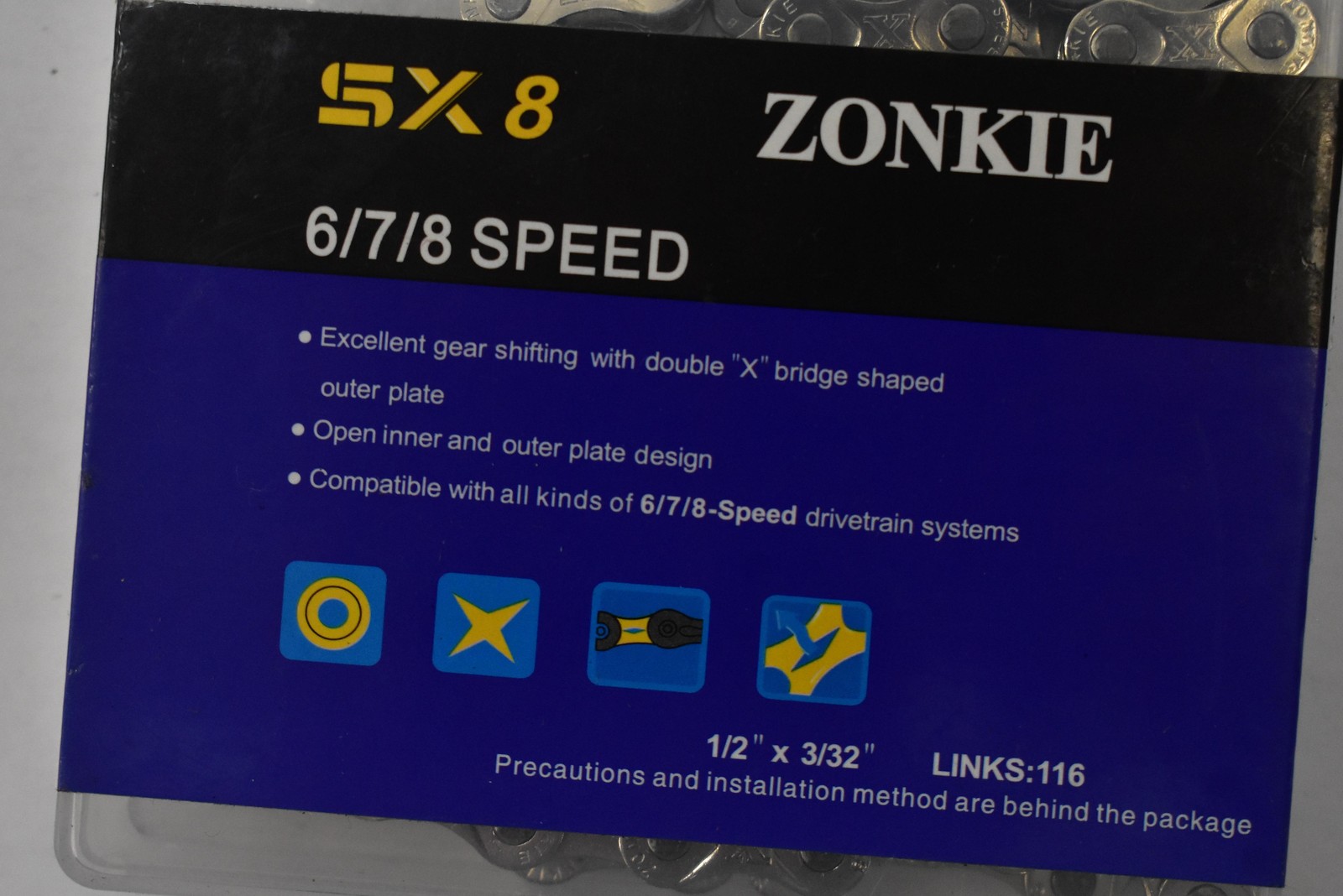 ZONKIE SX8 6/7/8 Speed Chain 116 Links 1/2 X 3/32 Silver Steel Universal