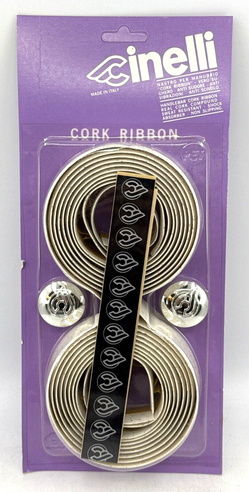 NOS VINTAGE Genuine Cinelli CORK Handlebar Tape WHITE Chrome Plugs MADE in ITALY