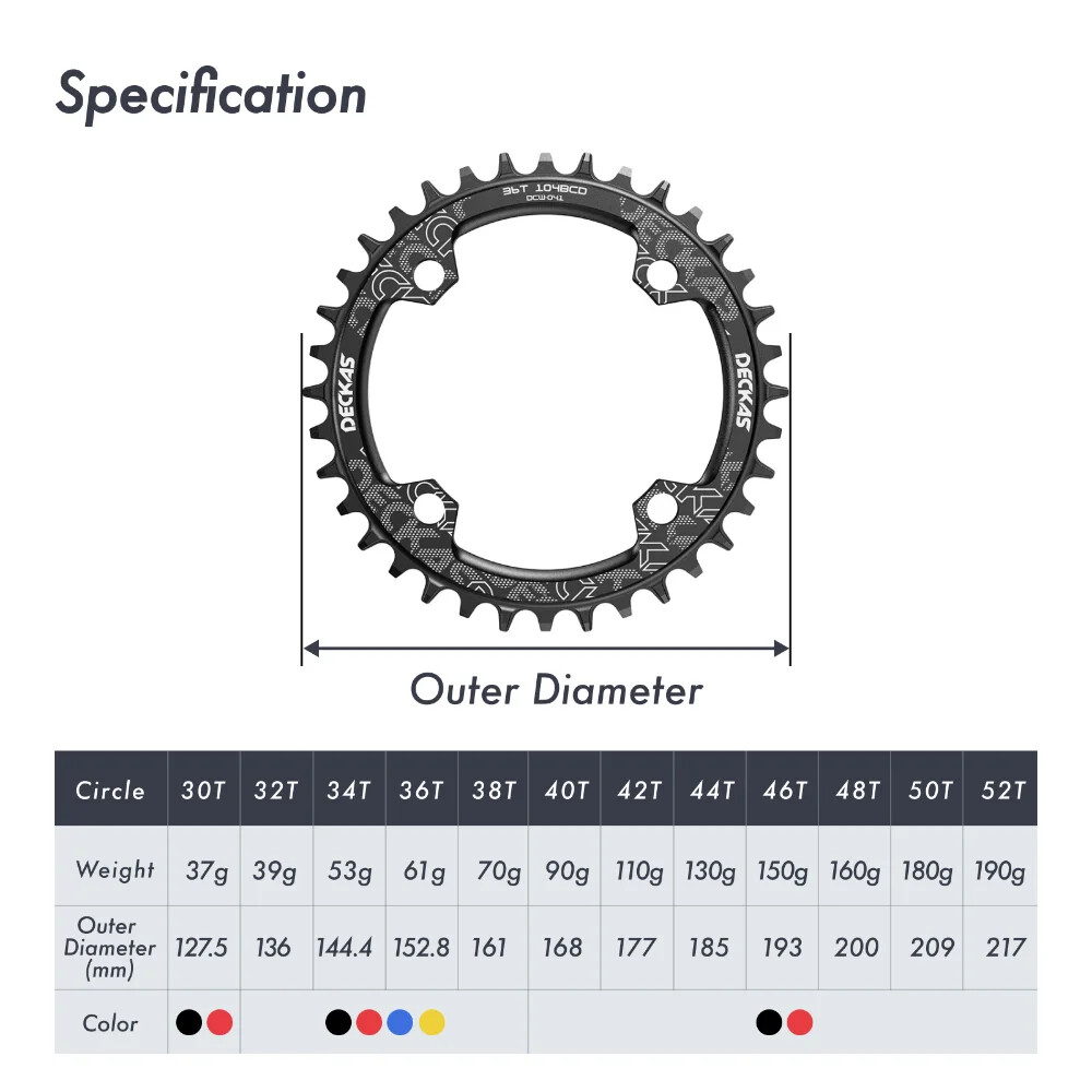 Deckas Bike Chainring Round 104BCD MTB Road Mountain Bicycle Circle 30t to 52t