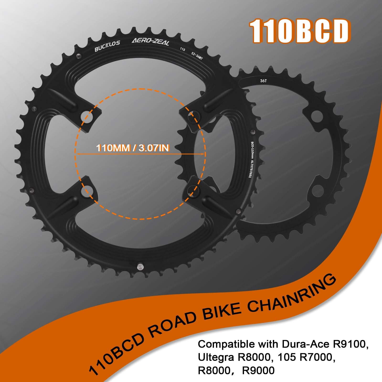 BUCKLOS 110 BCD Road Bike Chainring, Double Round 4 Bolts 7075-T651 52-36T