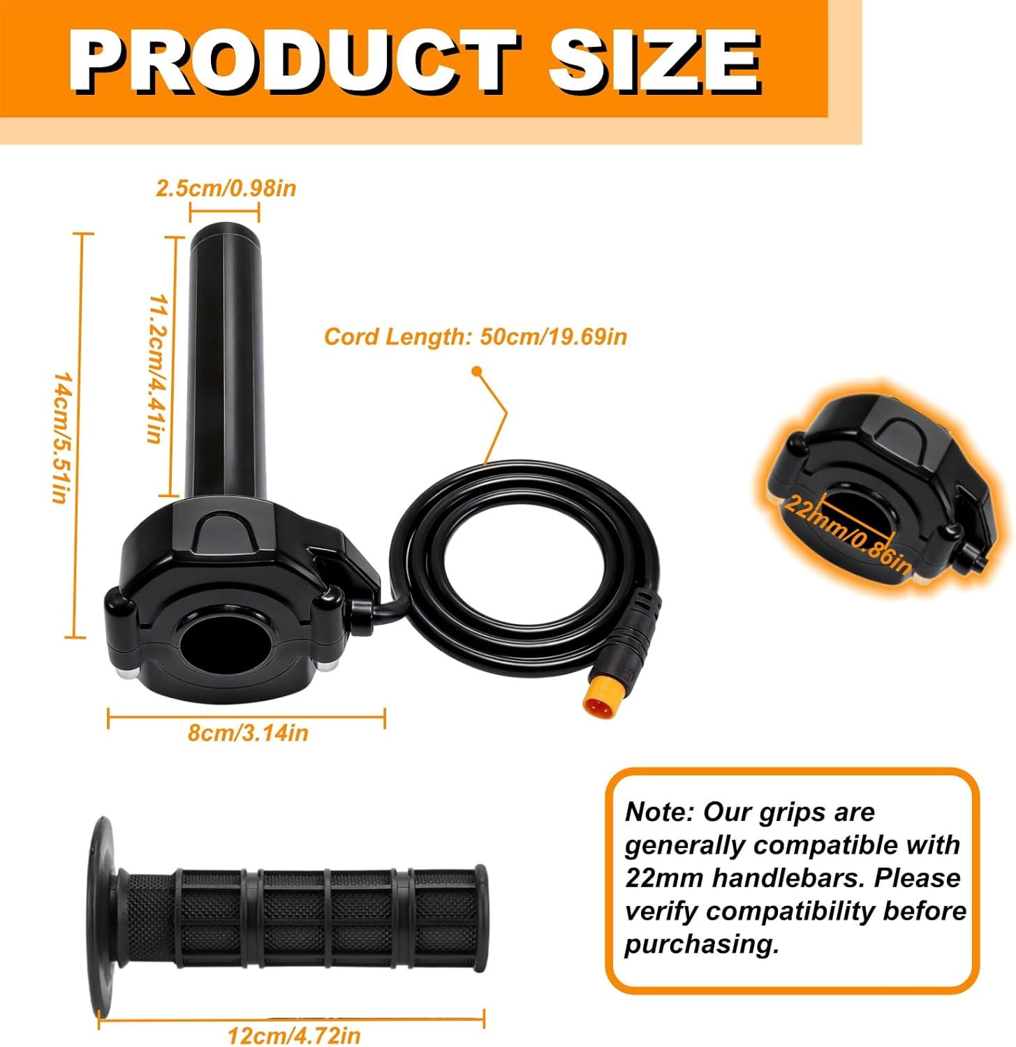 Ebike Full Twist Throttle, 3 Pin Surron Style Ebike Throttle Kit 12V-72V | 22Mm