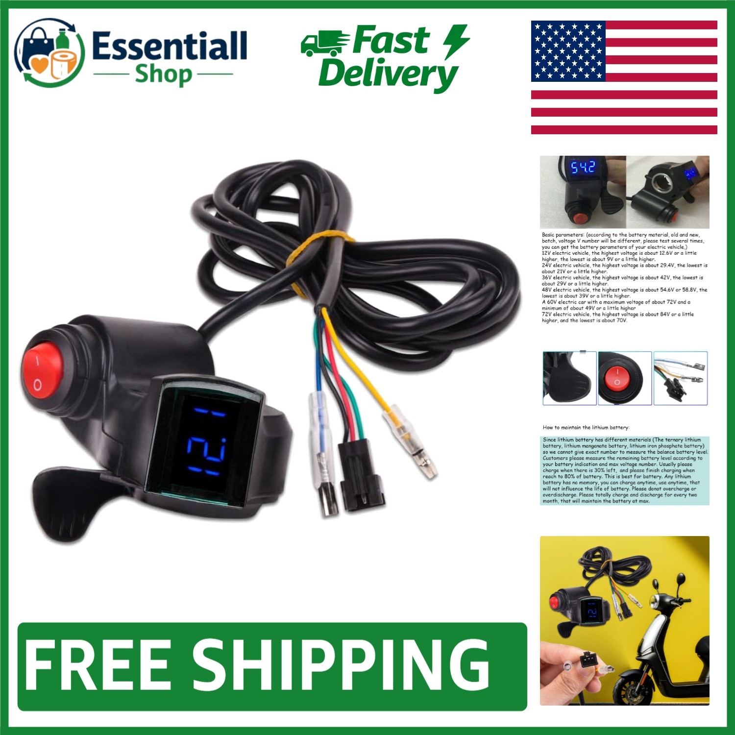 Digital E-Bike Thumb Throttle (12V-72V) with LCD Display for Precise Monitoring