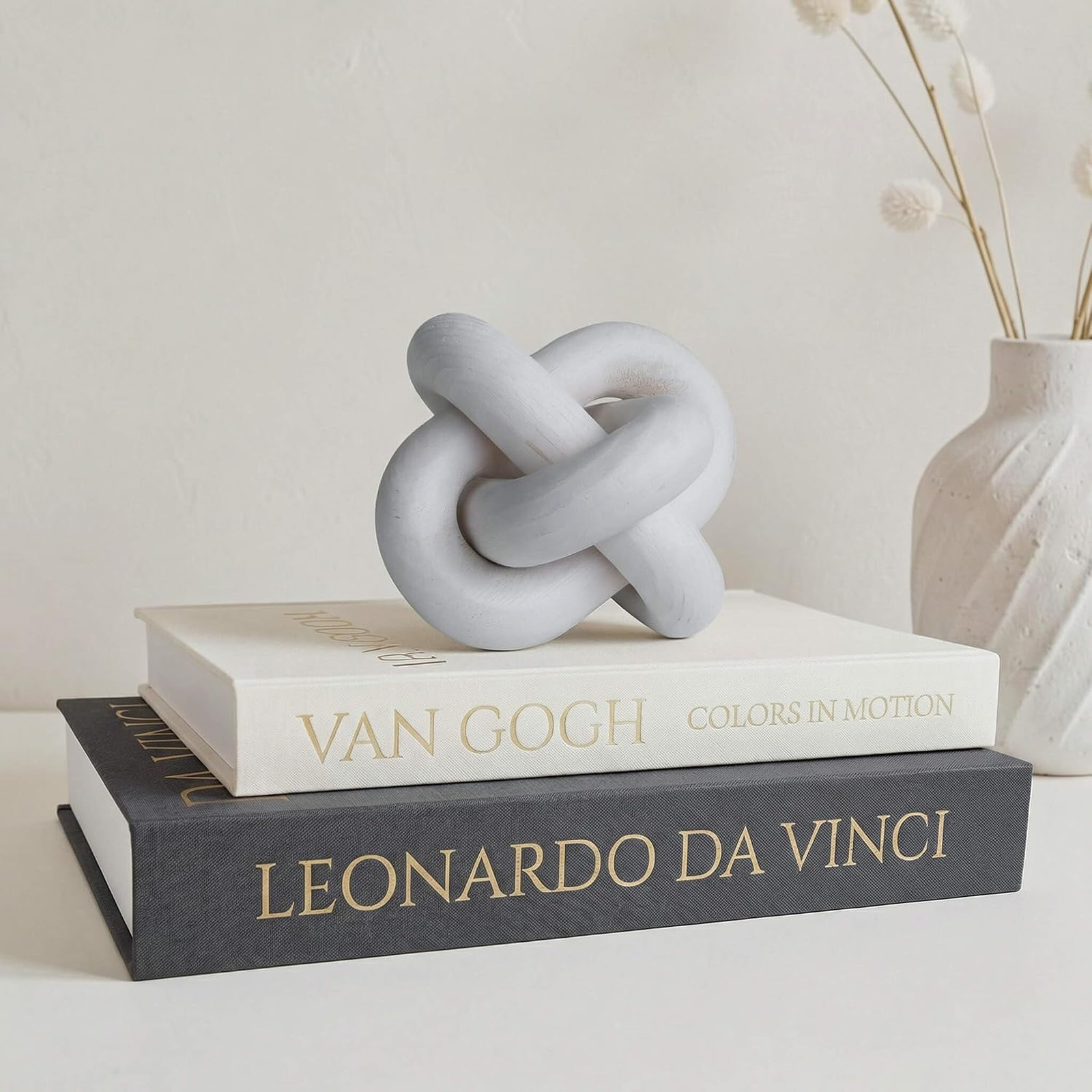 Wooden Chain Link Decor Hand Carved Knot Sculpture Modern Boho Rustic White Home