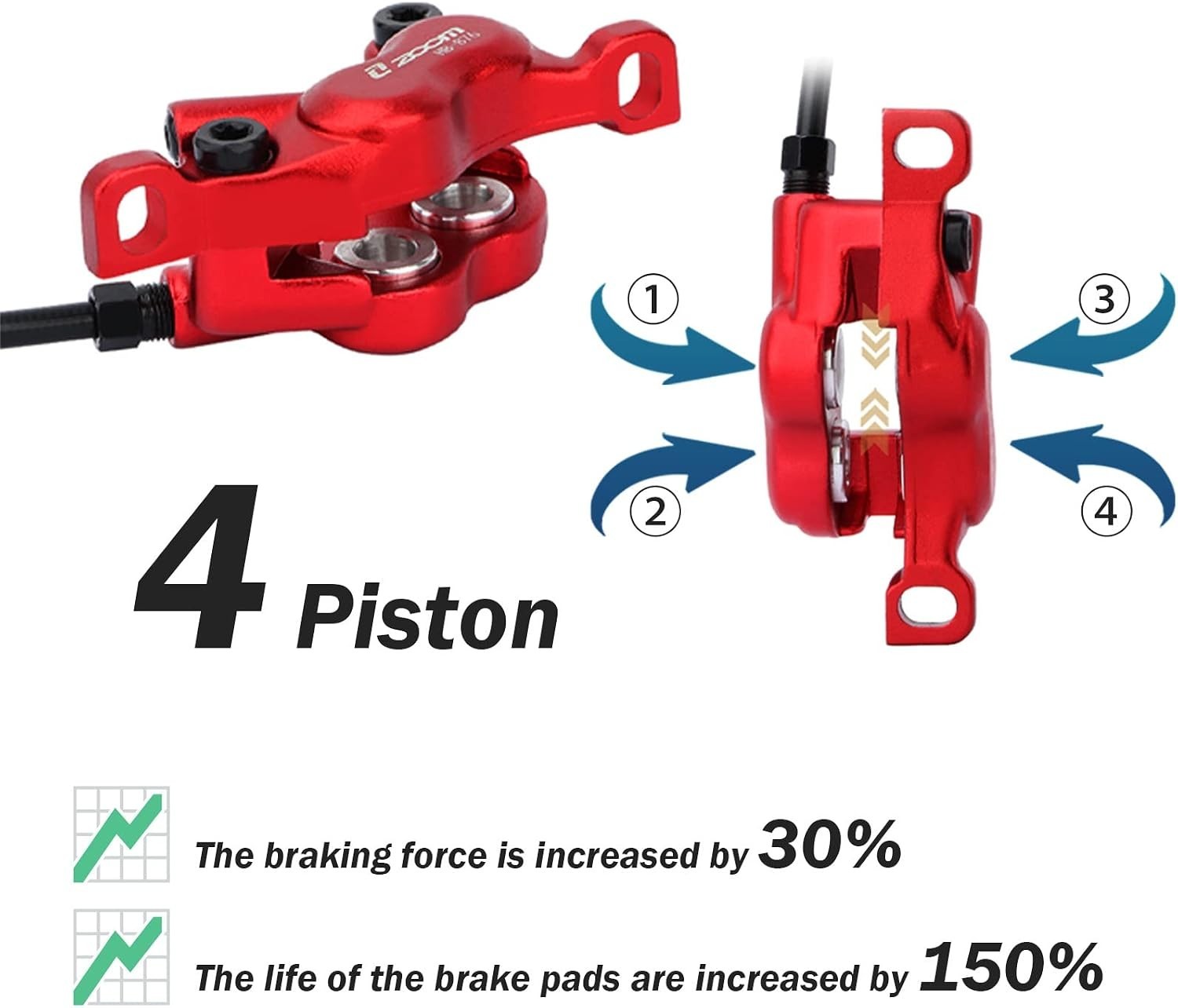E-Bike Hydraulic Brake Set 4 Piston 180mm Rotors 2/3 Pin Connectors Aluminum