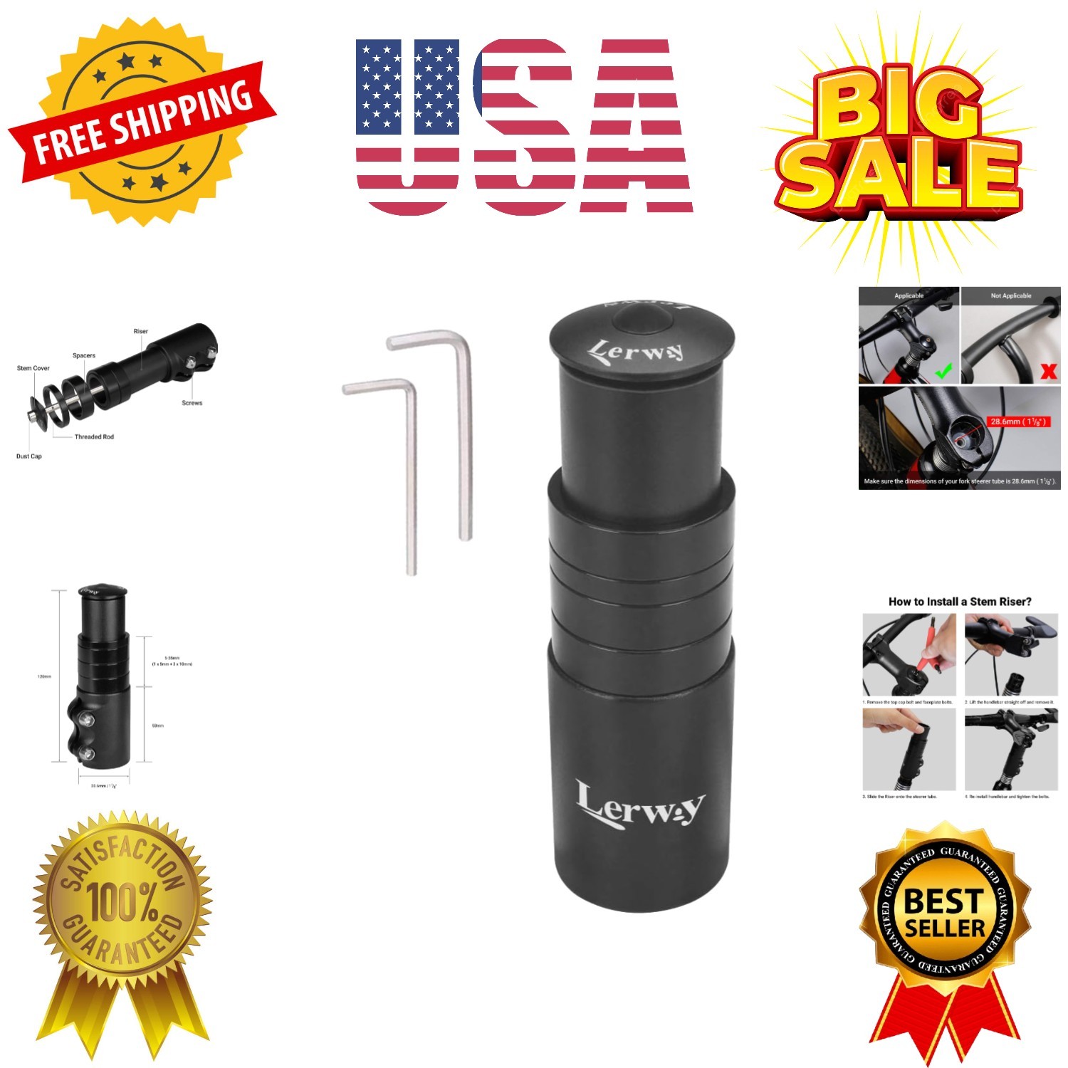 Bike Stem Riser Extender MTB Handlebar Stem Adapter with Hex Key for 1-1/8″ 2…