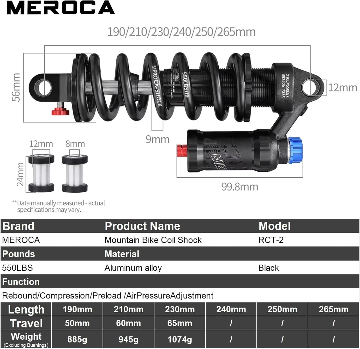 Adjustable Air Spring Coil Over Shock Absorber 190-265mm 550LBS