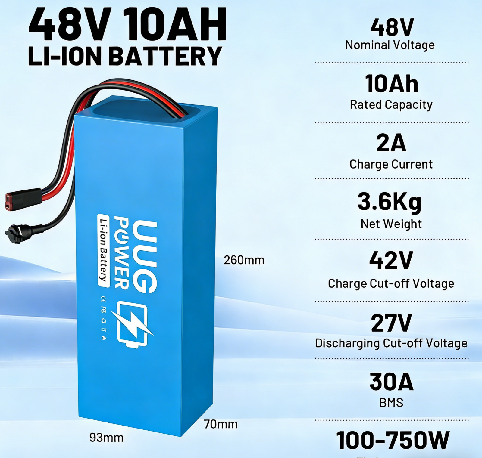 UUG 48V 10Ah Ebike Battery Lithium F o 100W-750W Motor BMS 30A 10s4p