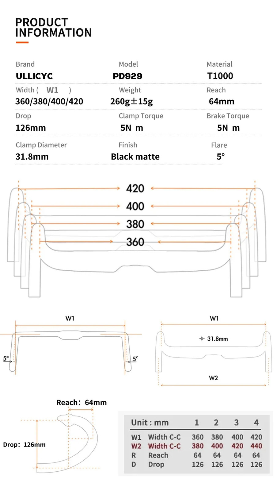 Road Bicycle Handlebar Carbon 360mm/380mm/400mm/420mm Fully Internal Routing