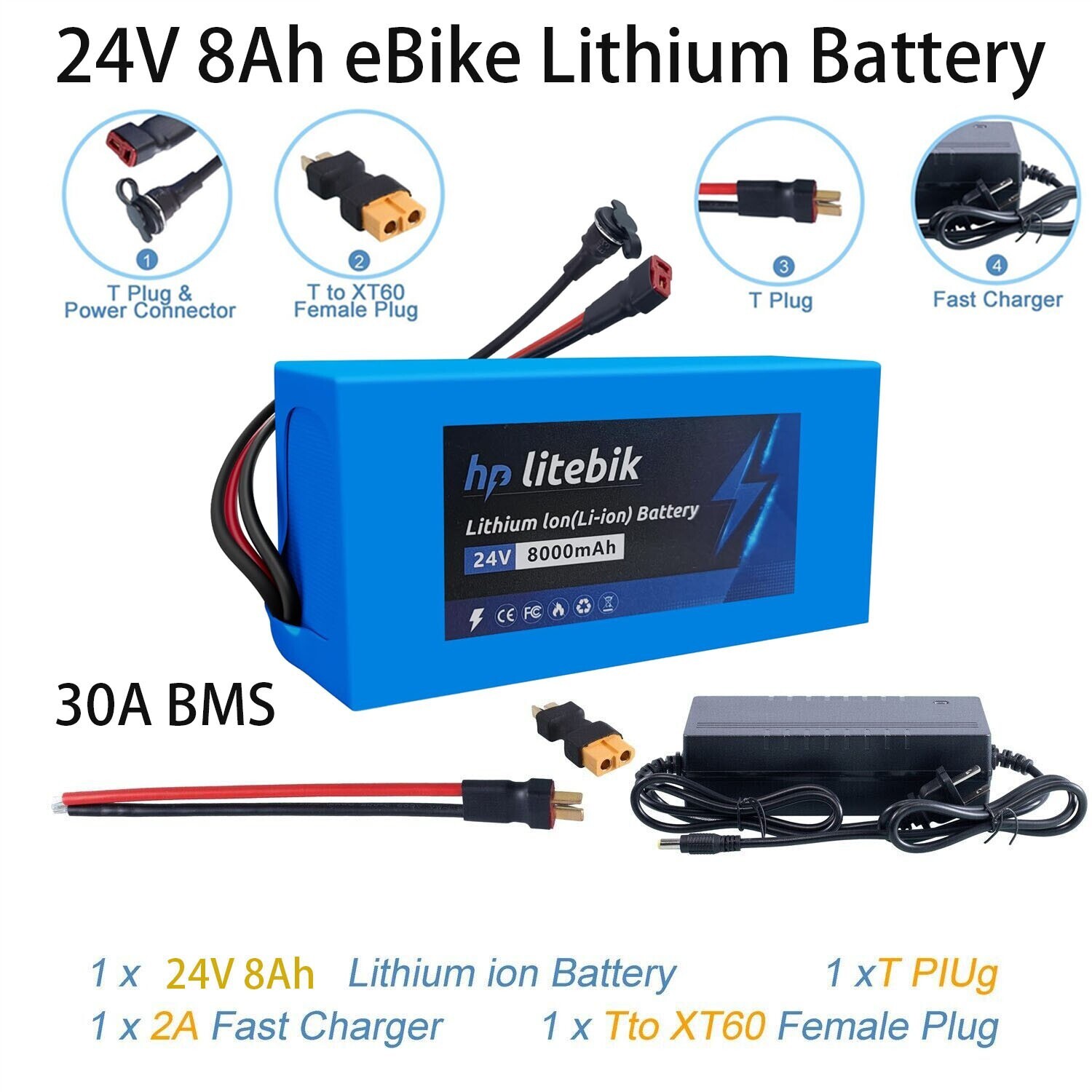 24V Electric Bicycle Bike Scooter Battery li-ion ebike Battery & 30A BMS&Charger