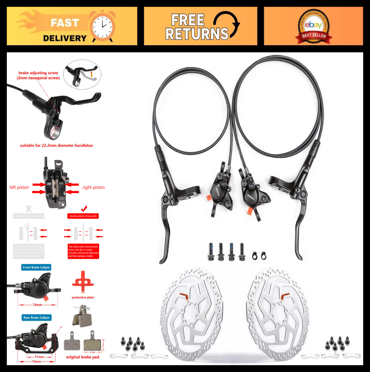 Hydraulic MTB Brake Set – Dual Disc Piston, 800mm Front & 1550mm Rear, Aluminum