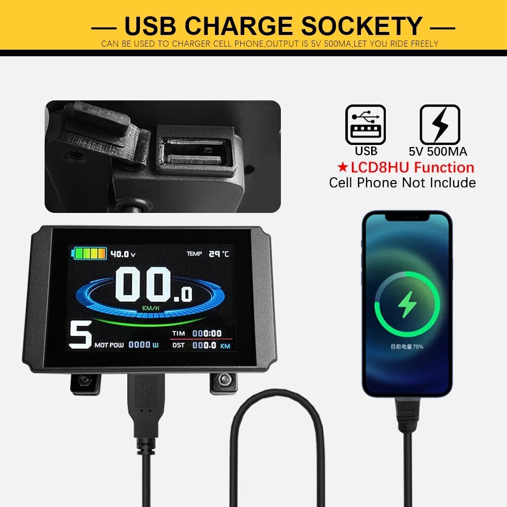 E-bike LCD8H LCD8HU Display with USB 24V/36V/48V/52V/60V72V E-bike Display