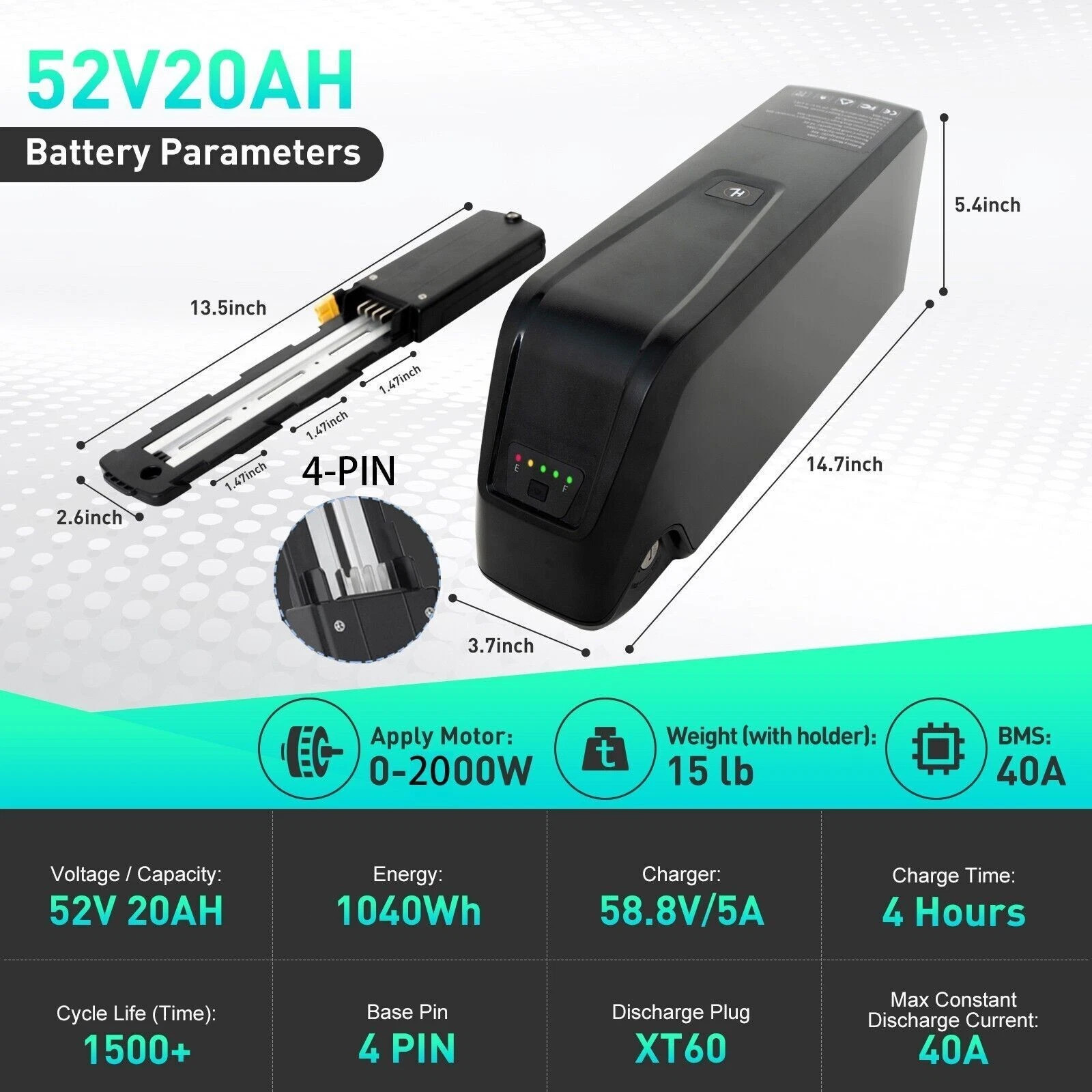 4PIN/5PIN 52V 48V 36V 10/15/20Ah 200W-2000W Electric Bicycle Lithium Battery