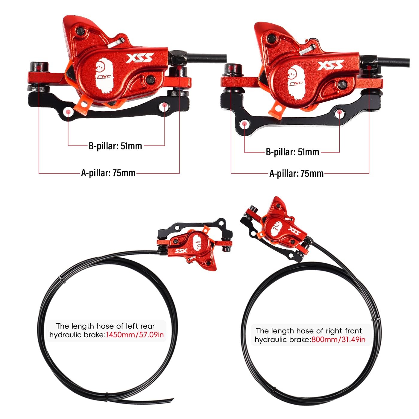 MTB Hydraulic Disc Brake Set Front 800mm Rear 1450mm Mountain Bike Red Parts New