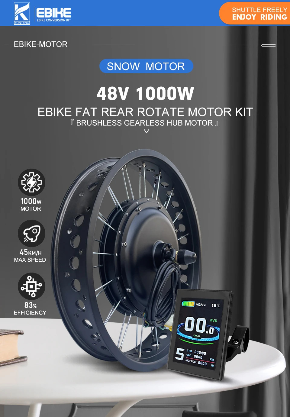Snow E-bike Conversion Kit 48V 1000W Rear Rotate Hub Motor Wheel 20er 24er 26er