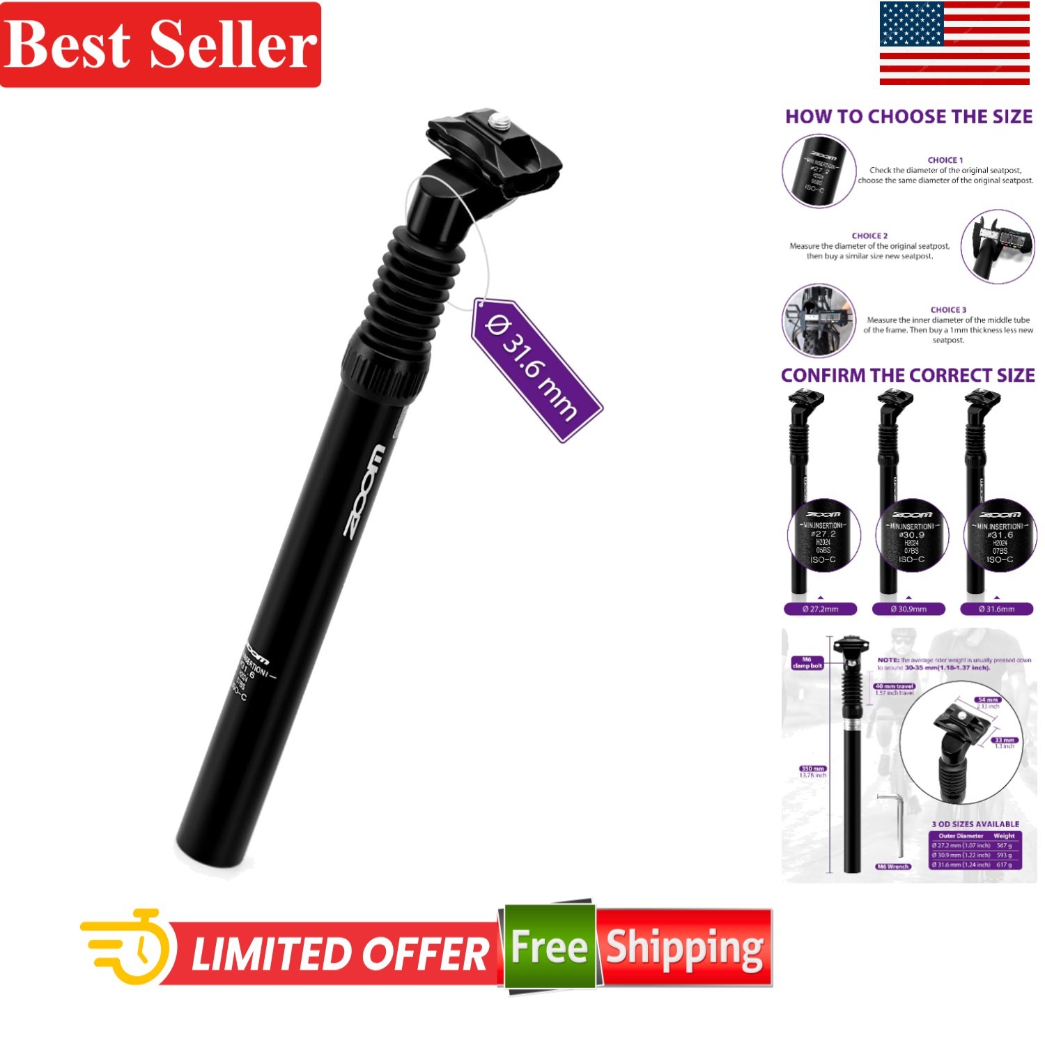 Cycling Essential: Zoom 31.6 x 350mm Suspension Seatpost for All Bike Types
