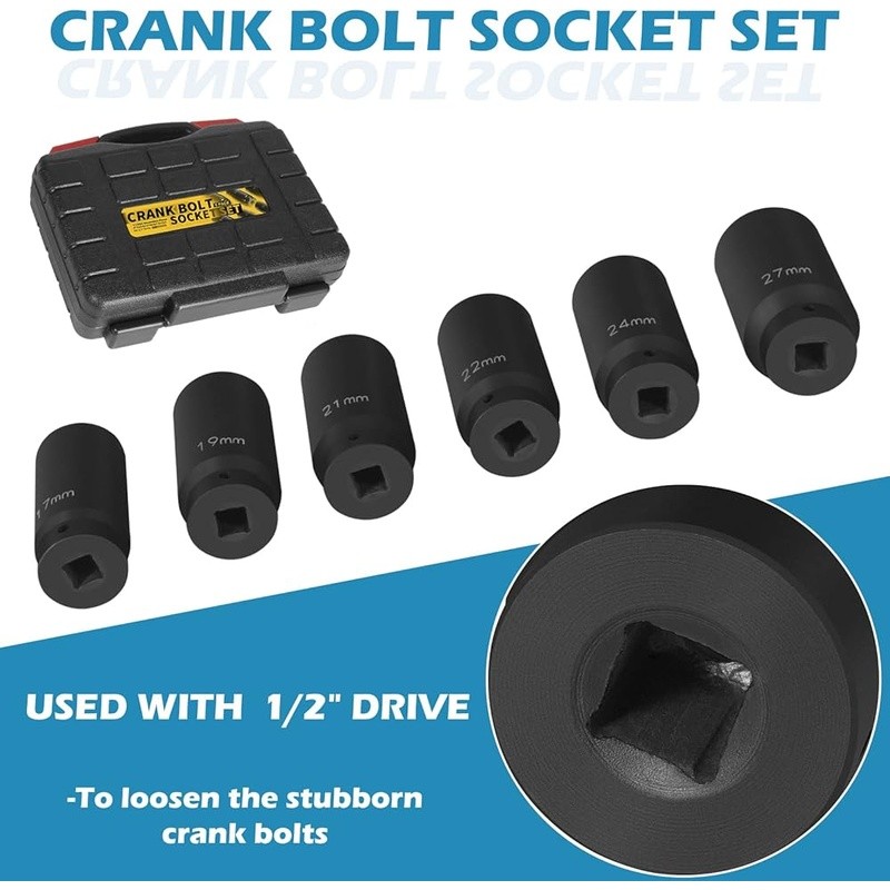 1/2″ Drive Deep Impact Crank Bolt Socket Set 17MM 19MM 21MM 22MM 24MM 27MM Tool