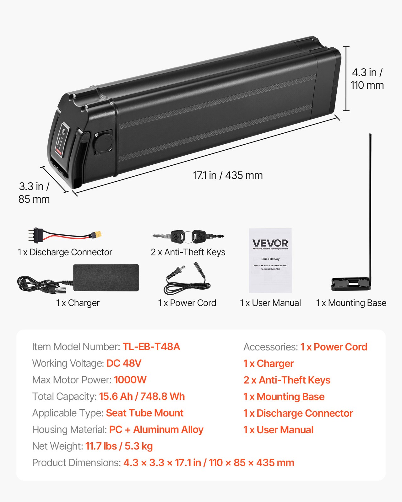 VEVOR Ebike Battery Electric Bike Lithium Battery 48V 15.6Ah for 1000W Motor BMS