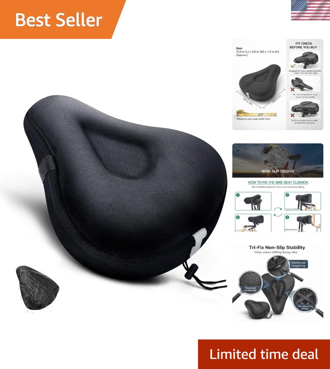 Ultimate Wide Gel Bike Seat Cushion – Soft Cover with Waterproof Case Included