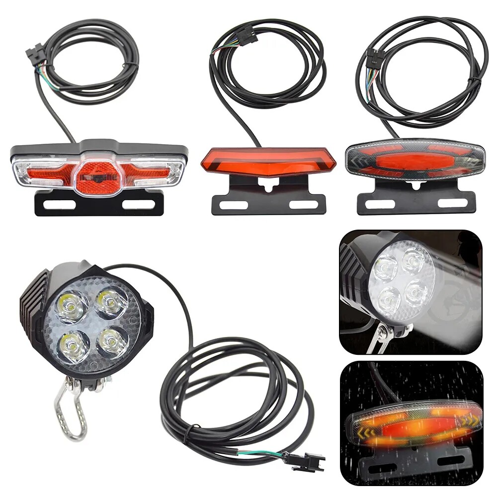 24V-48V E-Bike LED Headlight & Tail Light Set Horn Turn Signal Switch Button NEW