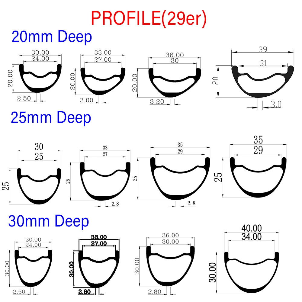 29ER MTB Bicycle Hookless Carbon Rim 20/25/30mm Deep 30/33/35/36/39/40mm Wide