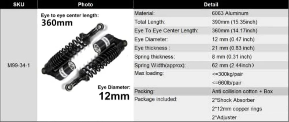 360mm 14.17 inch 7mm Spring Universal Motorcycle Air Shock Absorber Rear Black