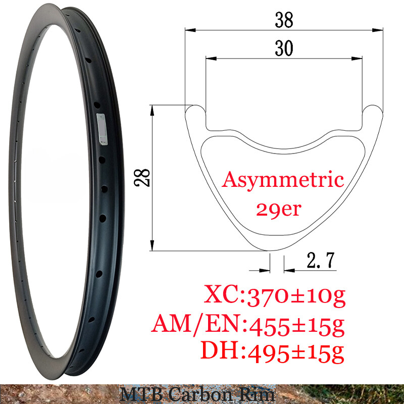 29er MTB Carbon Rim 38mm Wide 28mm Deep Asymmetric Tubeless 24 28 32 36 Holes