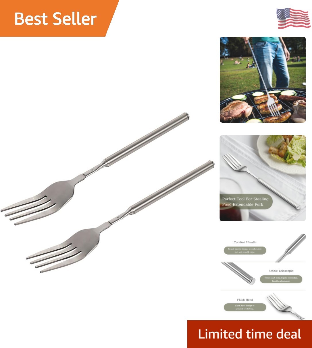 Extendable Fork – 8.7 to 25.4 Inch Long, Telescopic & Retractable for BBQ, Di…
