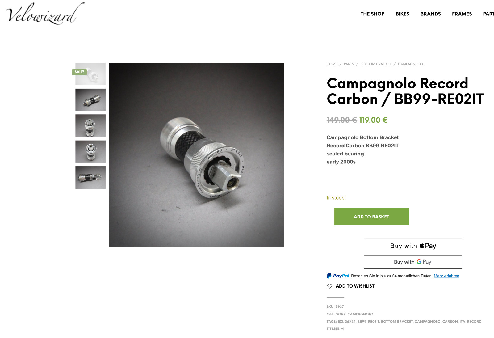 Campagnolo Record Carbon Bottom Bracket / ITA / 102mm / BB99-RE02IT #VELOWIZARD