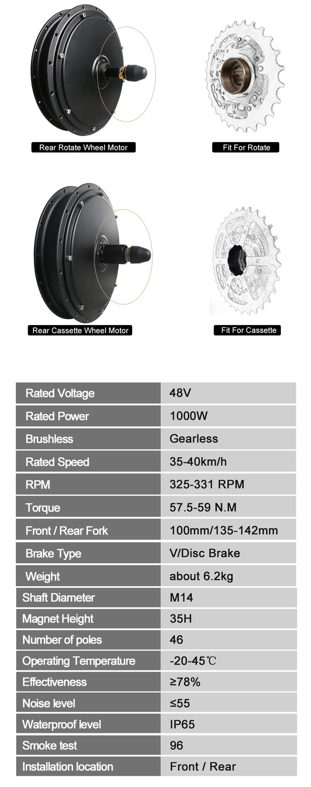 48V 1000W Electric Bicycle 20-29inch 700C Front Rear Hub Motor Wheel Kit