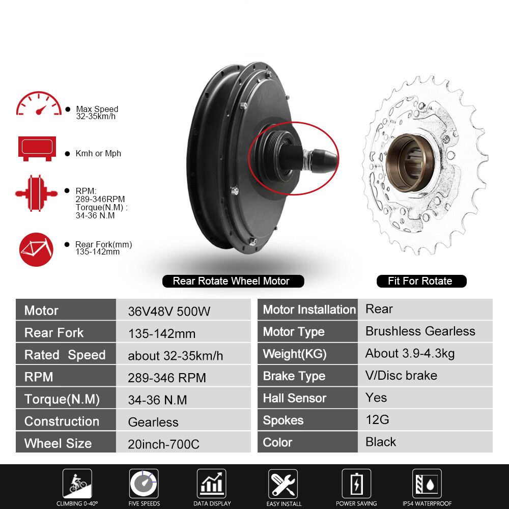 Electric Bike 36V 48V 500W Brushless DC Wheel Hub Motor Rotate Front Rear Motor