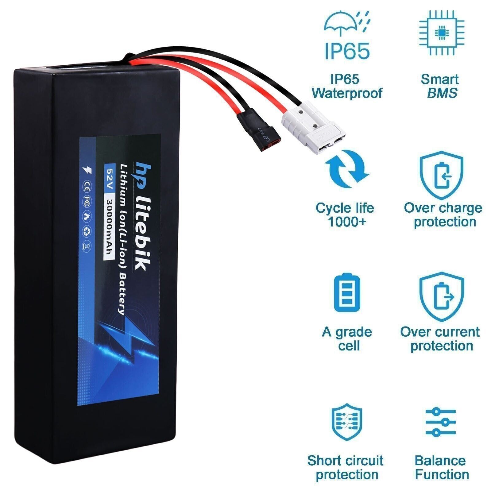 52V 30Ah Lithium Ebike Battery 50A for 0-2600W Electric Bike Scooter Motorcycle