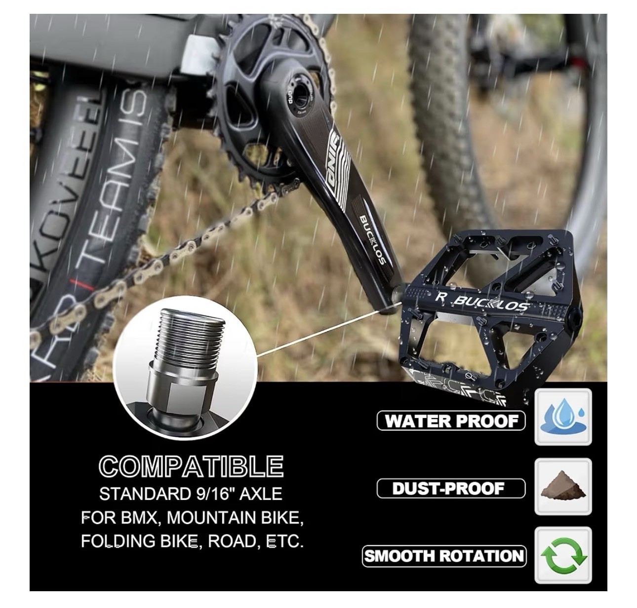 BUCKLOS Mountain Bike Pedals MTB Pedals Flat, Adult Bicycle, 9/16”, BLACK