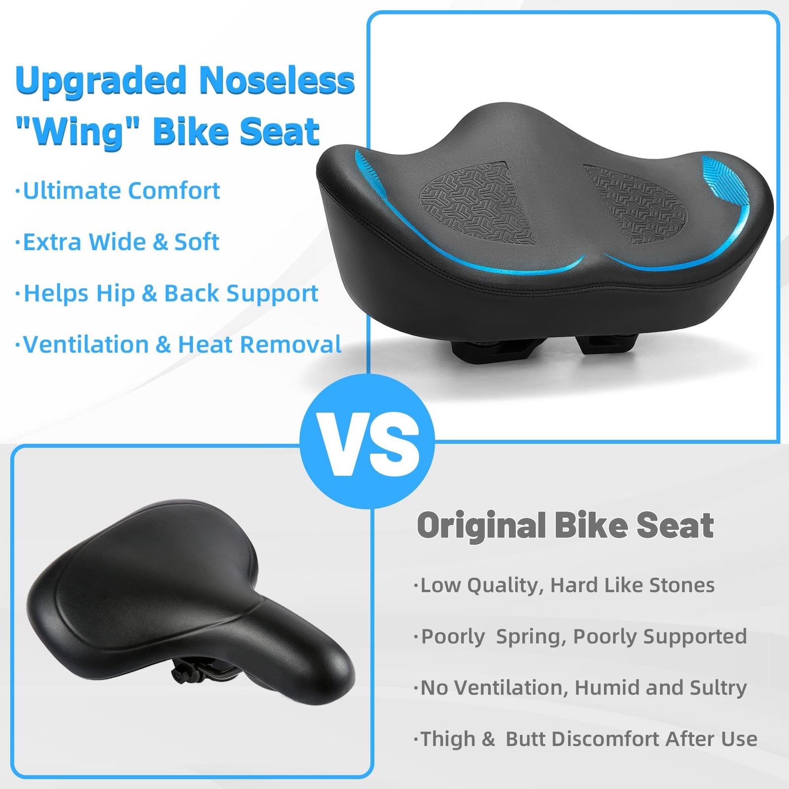 Noseless Oversized Bike Seat For Men Women Comfort Extra X-Large Blue Cushion