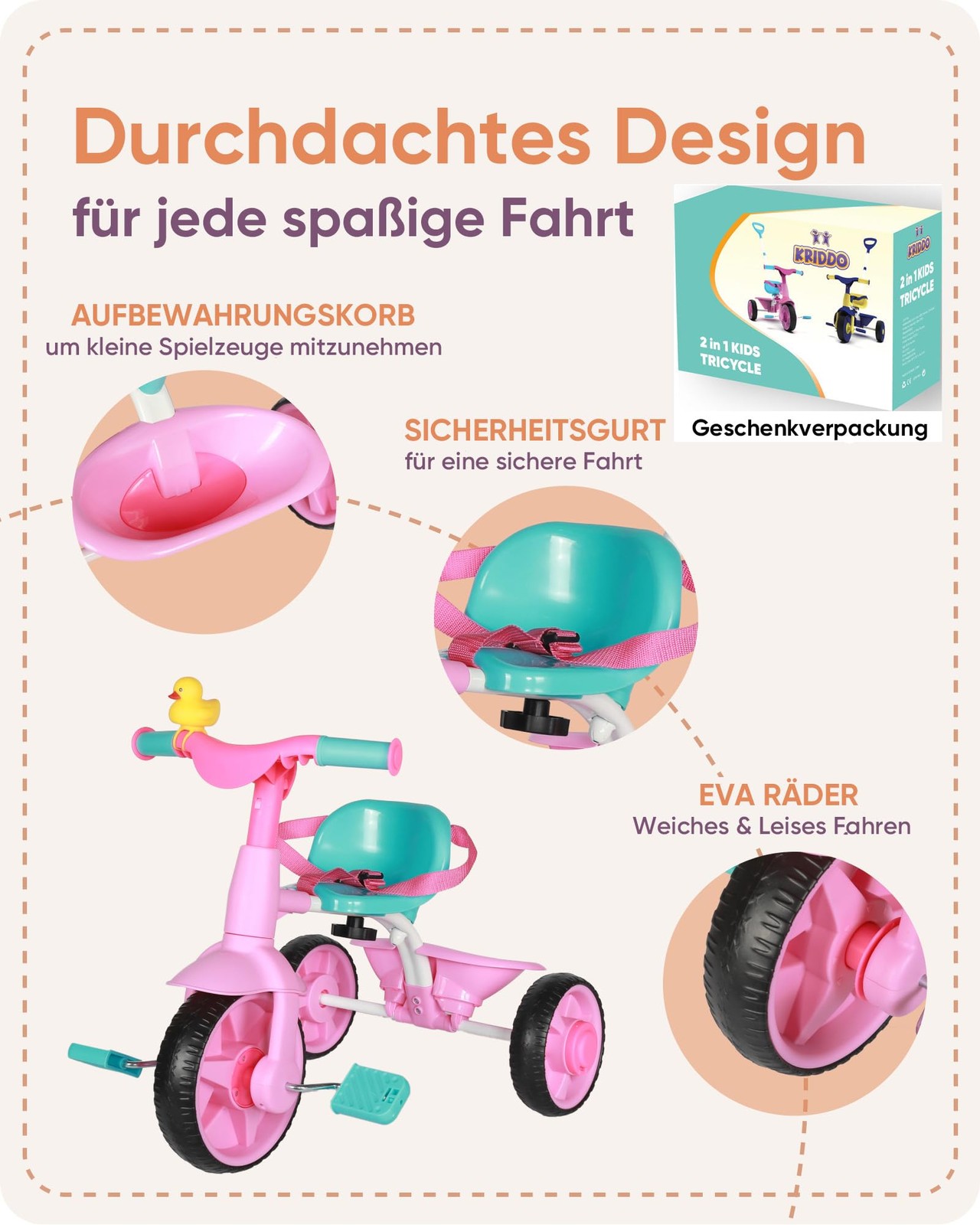 2 in 1 Tricycle from 18 Months to 3 Years, Kids Tricycle with Improved EvaRä…