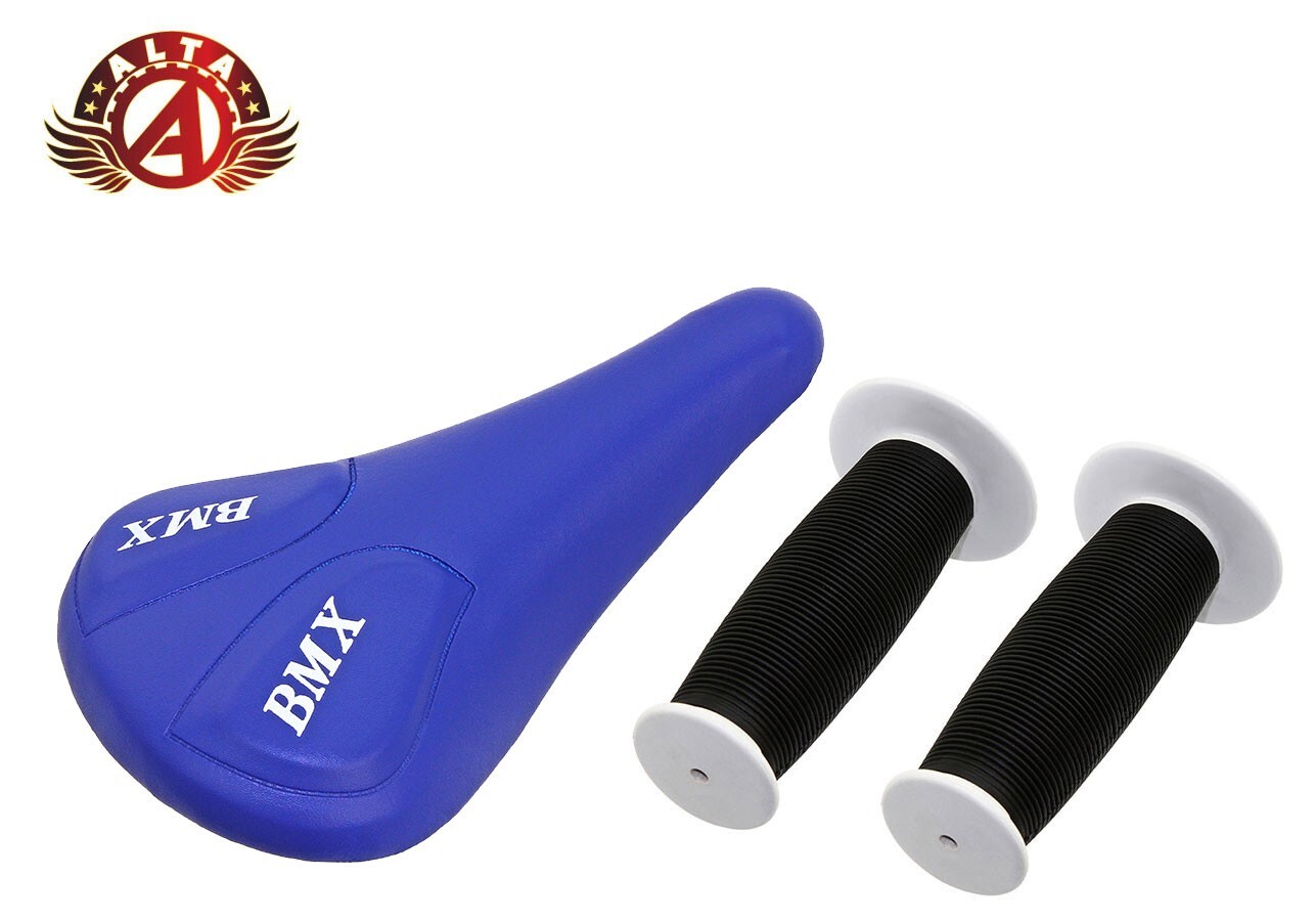 ALTA Blue BMX Vinyl Saddle & Black/White Ends Mushroom Grips BMX BIKES.