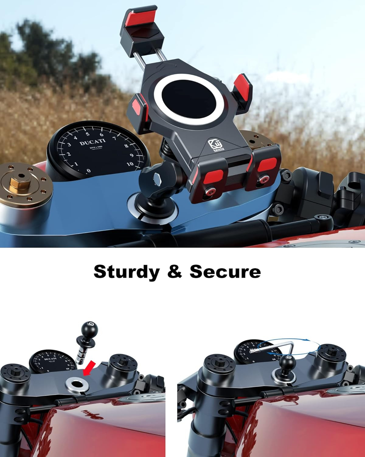 Metal Motorcycle Fork Stem Mount Base with 1» TPU Ball for Stem Holes 12Mm to 2