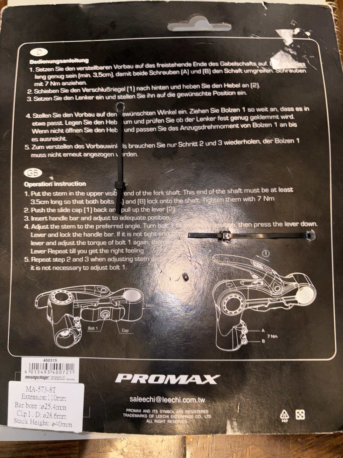 Promax Ahead System Adjustable Stem Black, MA-573-8T