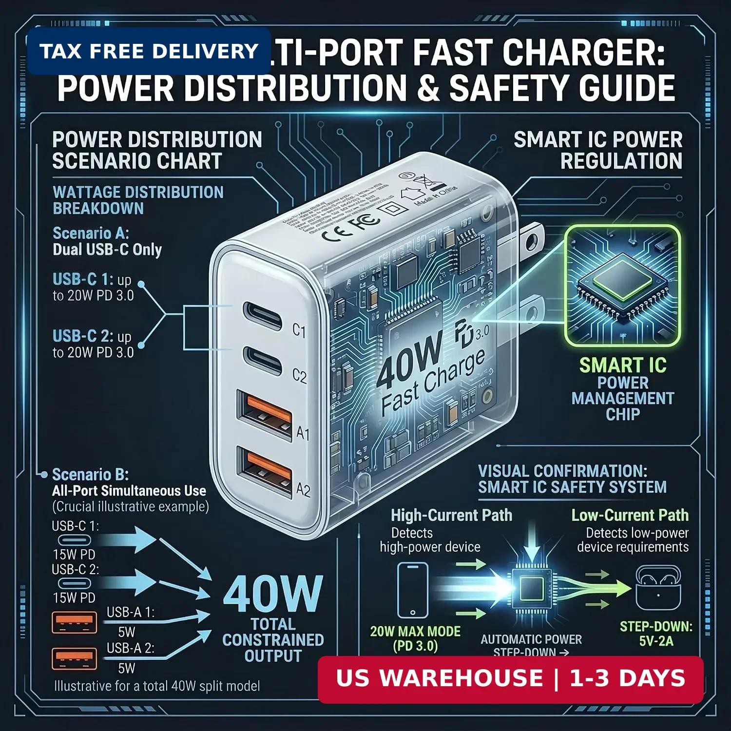 TT&C USB C Charger Block, 40W 4 Ports Wall Charger for iPhone 17,16,15,14 | Mult