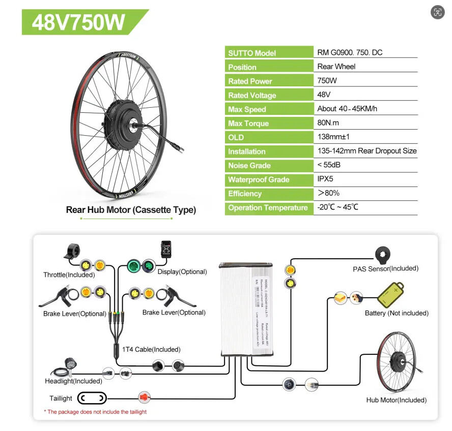 48V 750W Rear Wheel Drive Hub Motor for Electric Bike Conversion Kit 135-142mm