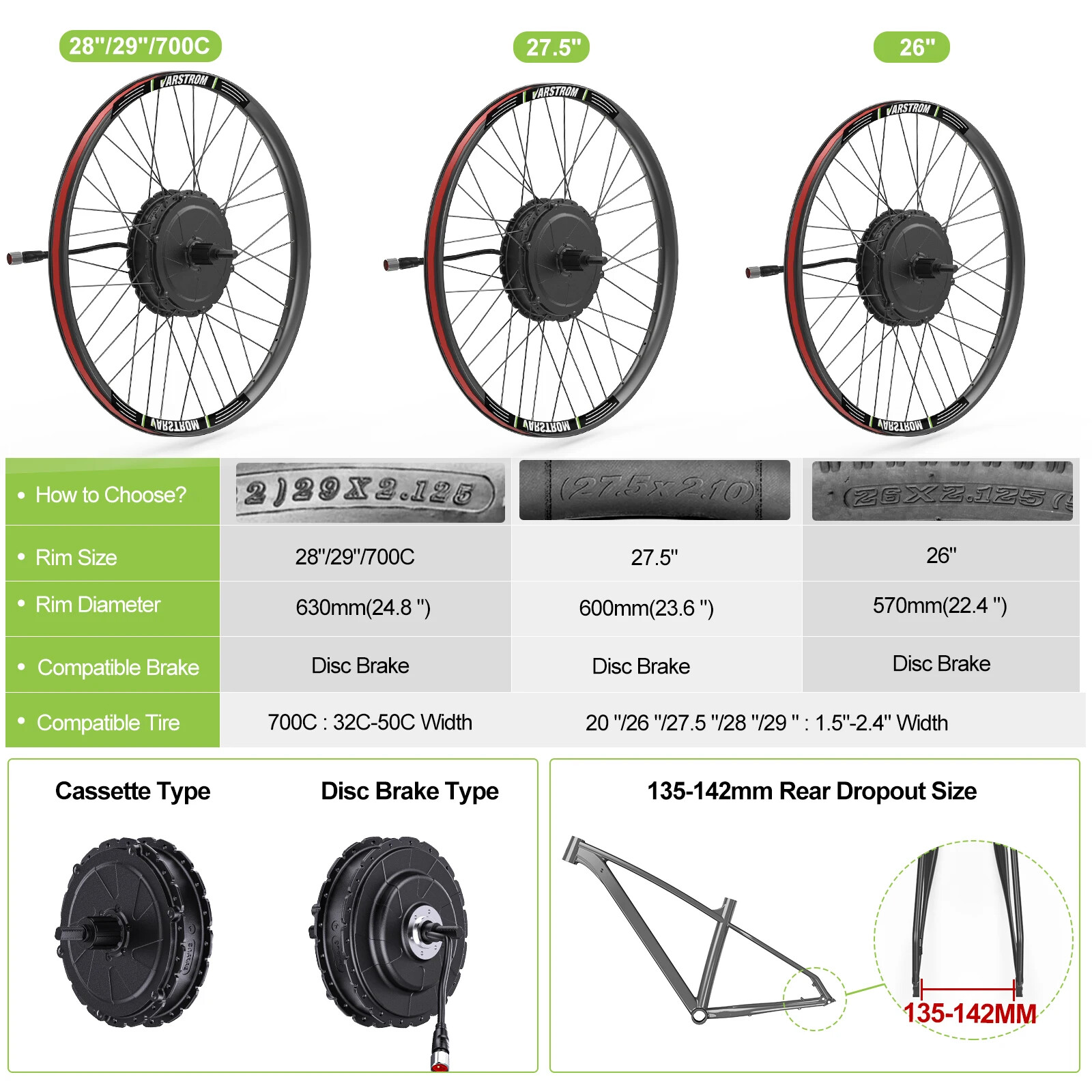 48V 750W Rear Wheel Drive Hub Motor for Electric Bike Conversion Kit 135-142mm