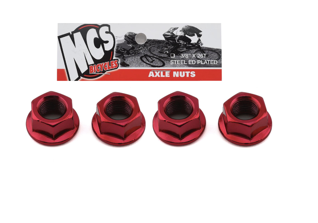 MCS BMX AXLE NUTS TWO PAIRS OF 3/8 RED