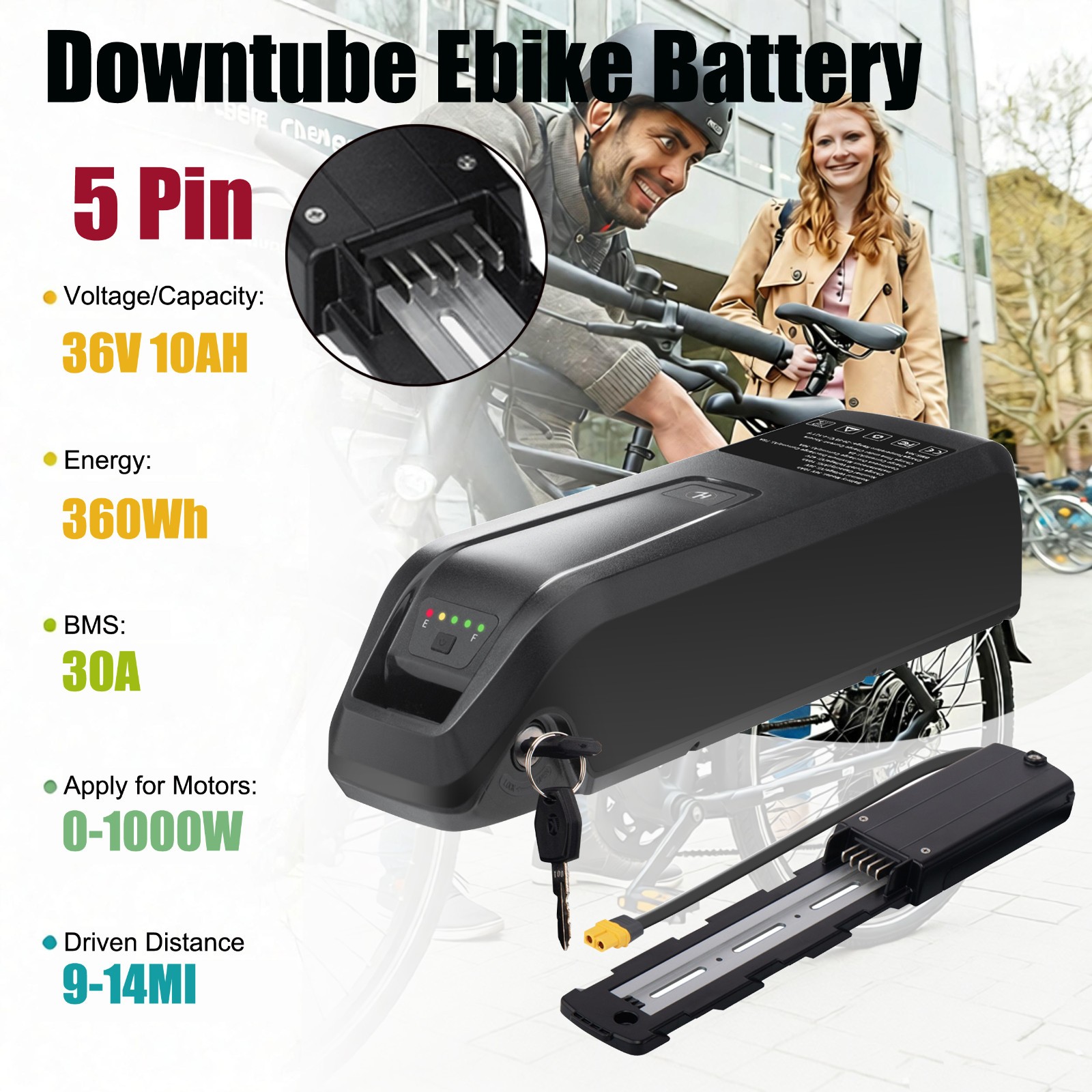 UUG 5Pin Electric Bicycle 36V/48V/52V Ebike Li-ion Battery w/USB for 2000W Motor