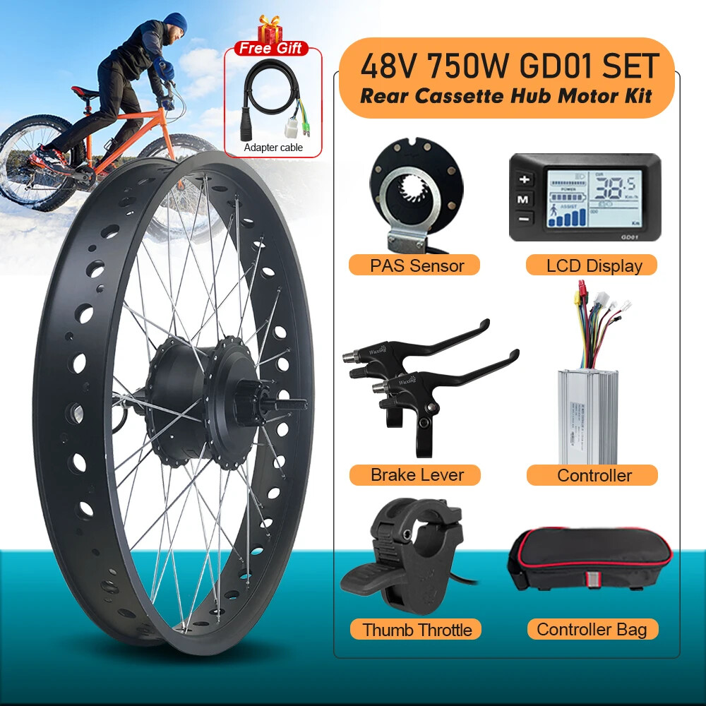 750W 20/24/26er Snow Ebike Fat Tire Rear Cassette Hub Motor Wheel Conversion Kit