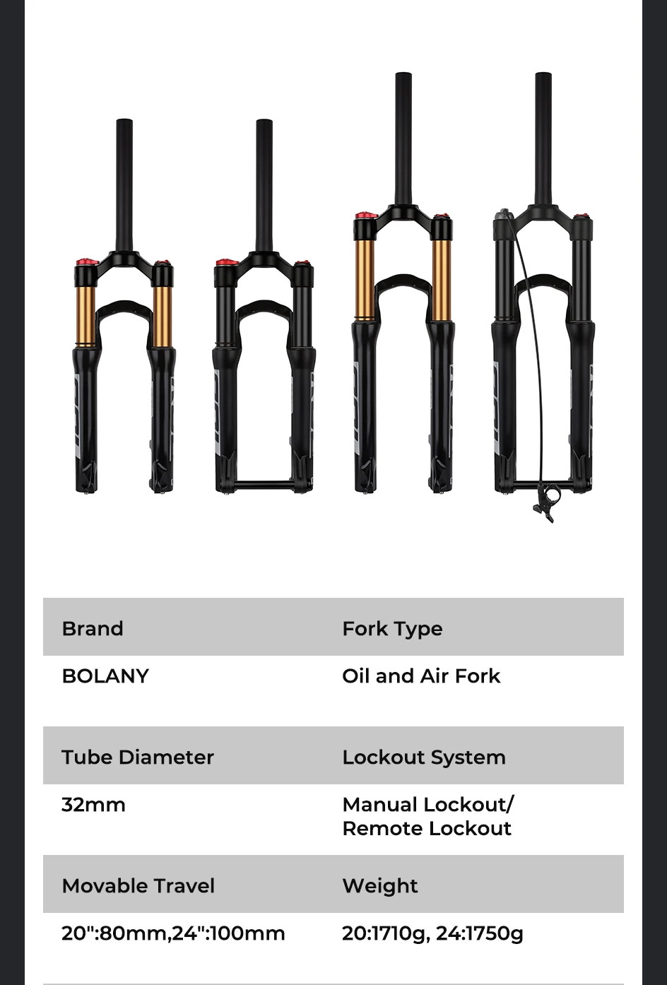MTB Suspension Fork 20/24Inch Manual/Remote Lockout Air Oil Fork 100mm Travel