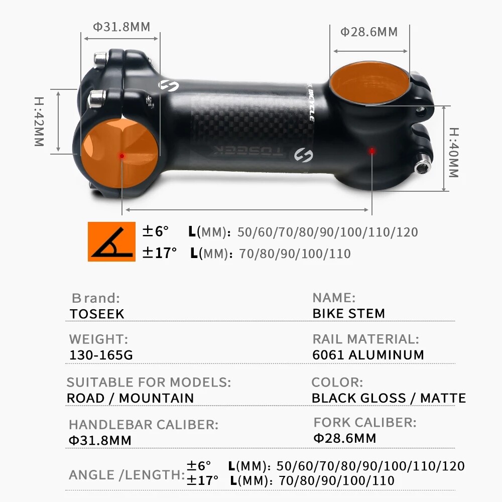 TOSEEK Bicycle MTB Handlebar Stem 28.6-31.8mm Aluminum+Carbon Fiber Stem 6/17°