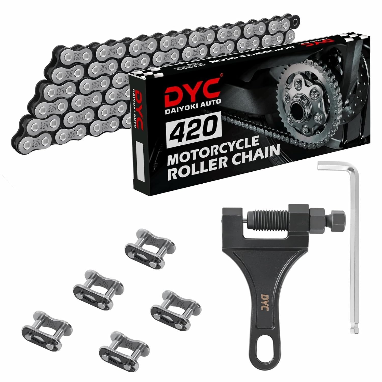 DYC 420 Chain 132 Links with 5 Master Links and Chain Breaker Tool | Cut to f…