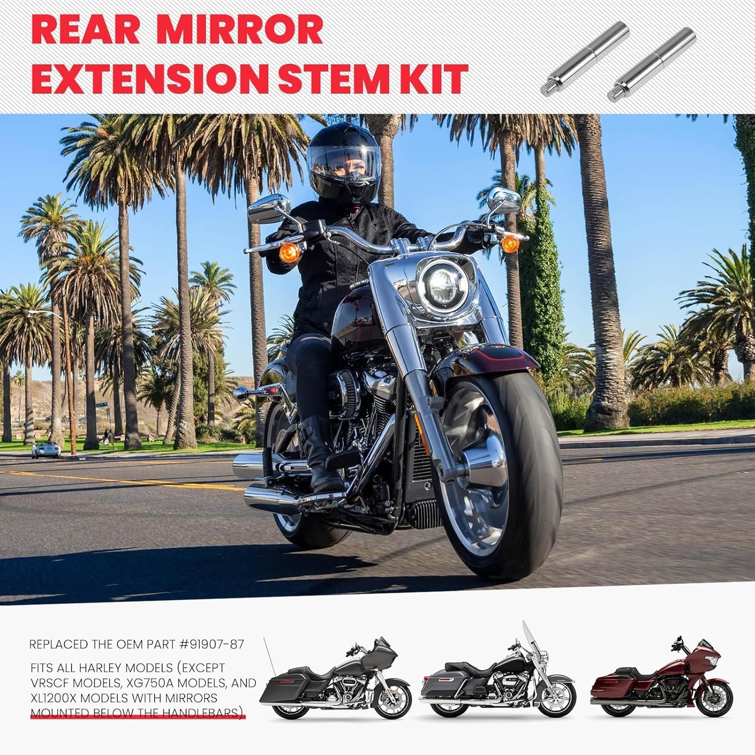 2″ Motorcycle Mirror Risers Height Extender Adapters Kit compatible with Harley